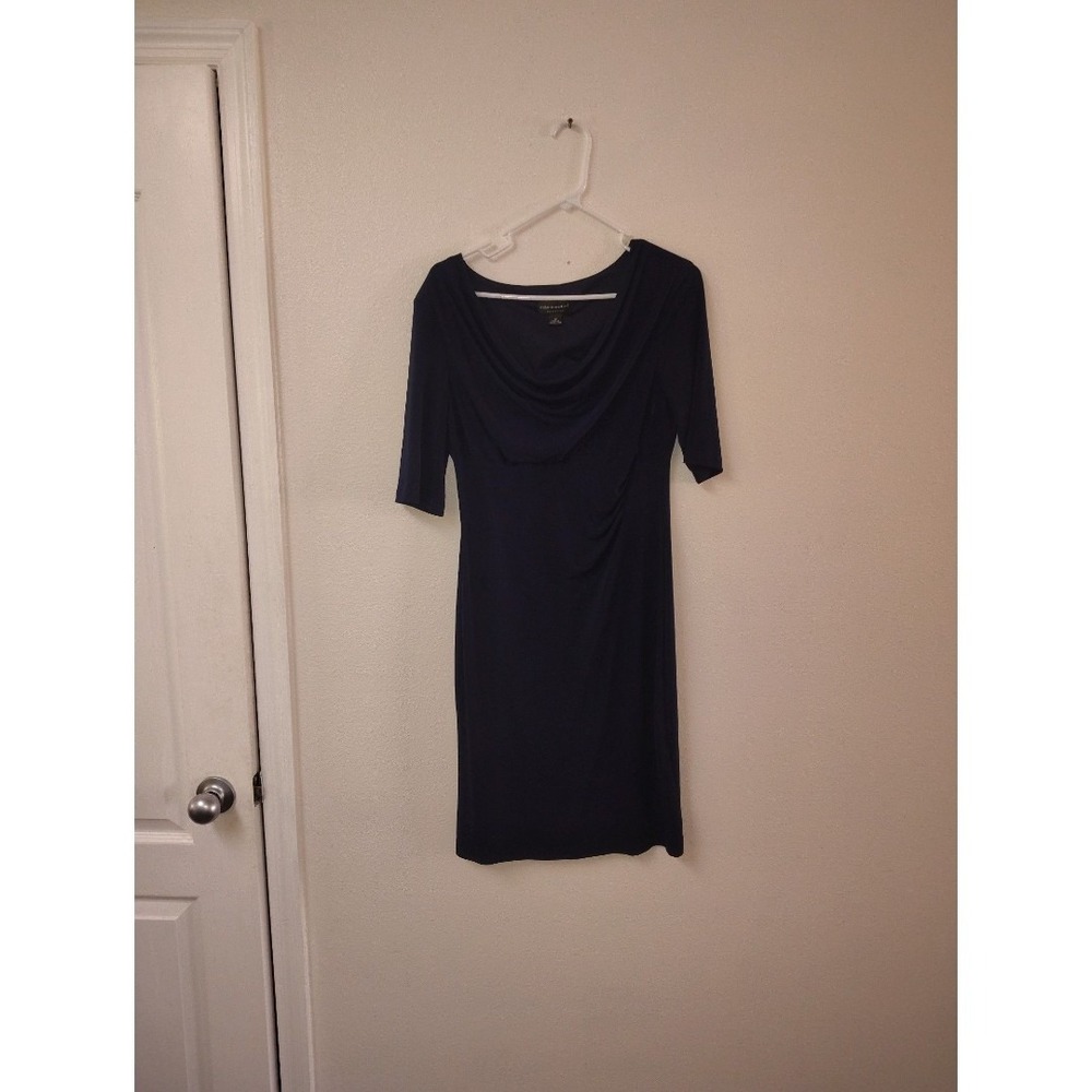 Connected Apparel Navy Blue Cowl Neck Ruched Sheath Dress Size 12 Elbow Sleeve